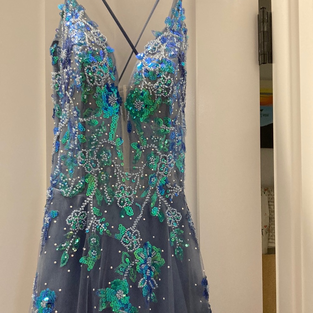 Dusty Blue tulle Prom gown. Amelia Couture. Size 10